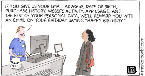 Marketoonist Tom Fishburne illustrating the challenge in executing a data trade off in exchange for loyalty.